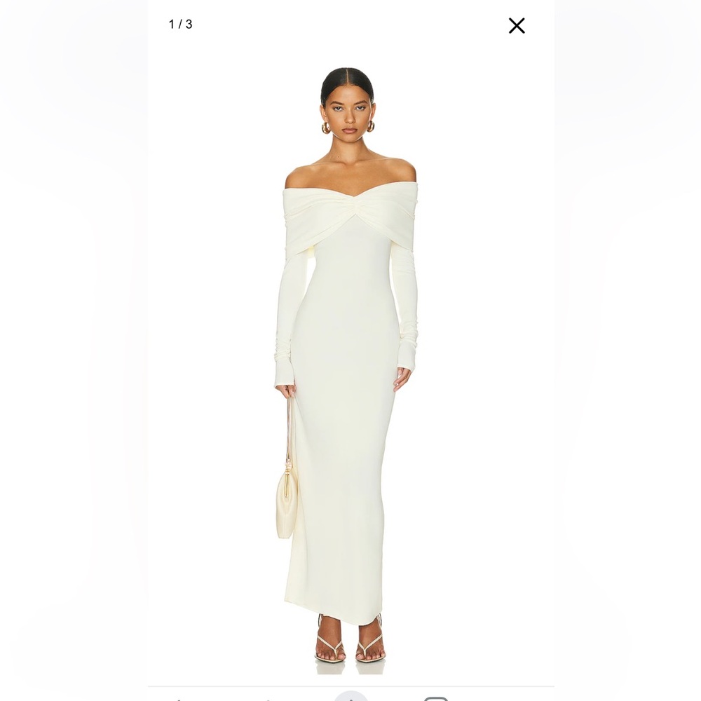 HELSA
Matte Jersey Off Shoulder Maxi Dress. Cream color. 
Size medium